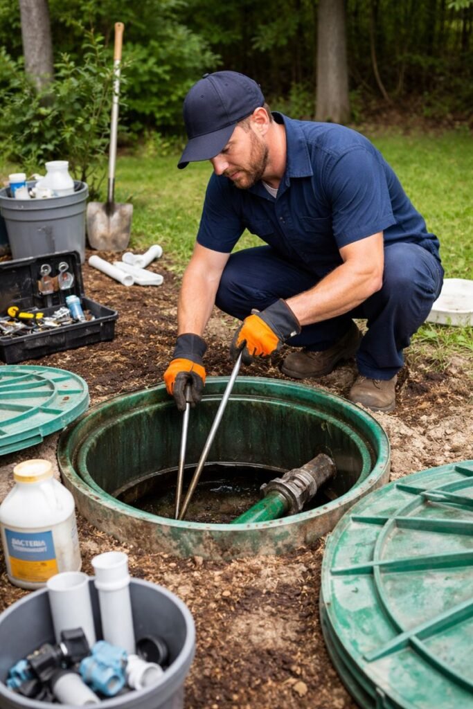 employee cleaning a septic tank